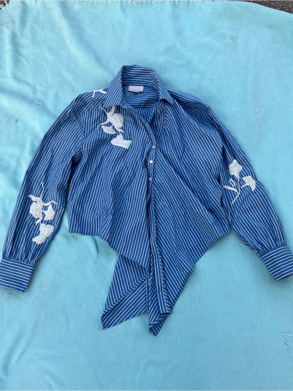 cinq a sept Blue & White Striped Tie-Front Blouse with White Floral Appliqué